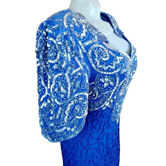 XL Vintage Dress Blue Sequined Evening Gown Maxi Intricate Beading 100% Silk 90s - Picture 6 of 7